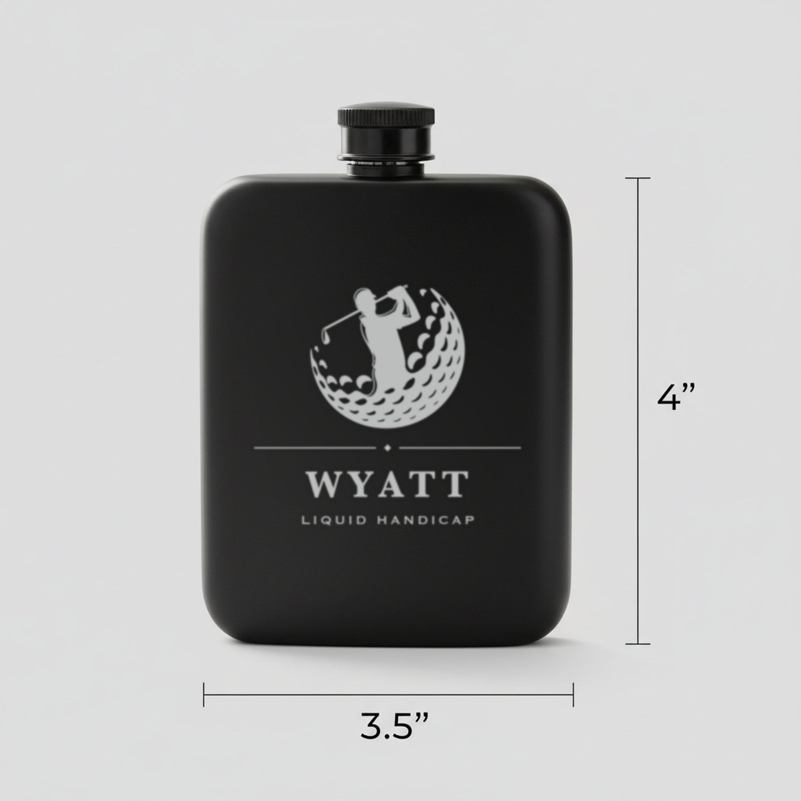Size guide for the engraved golf flask reading Liquid Handicap, 3.5 inches wide by 4 inches tall, holding 6 ounces.