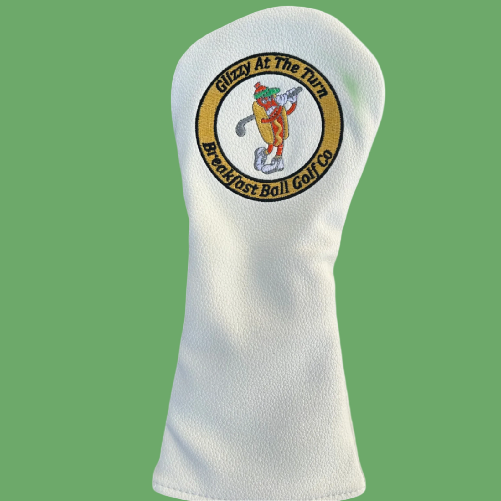 White golf club head cover with a logo on a white background