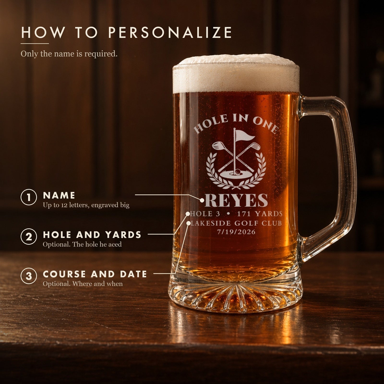 How to personalize the hole in one beer stein on a real stein: his name, the hole and yardage, and the course and date of the ace