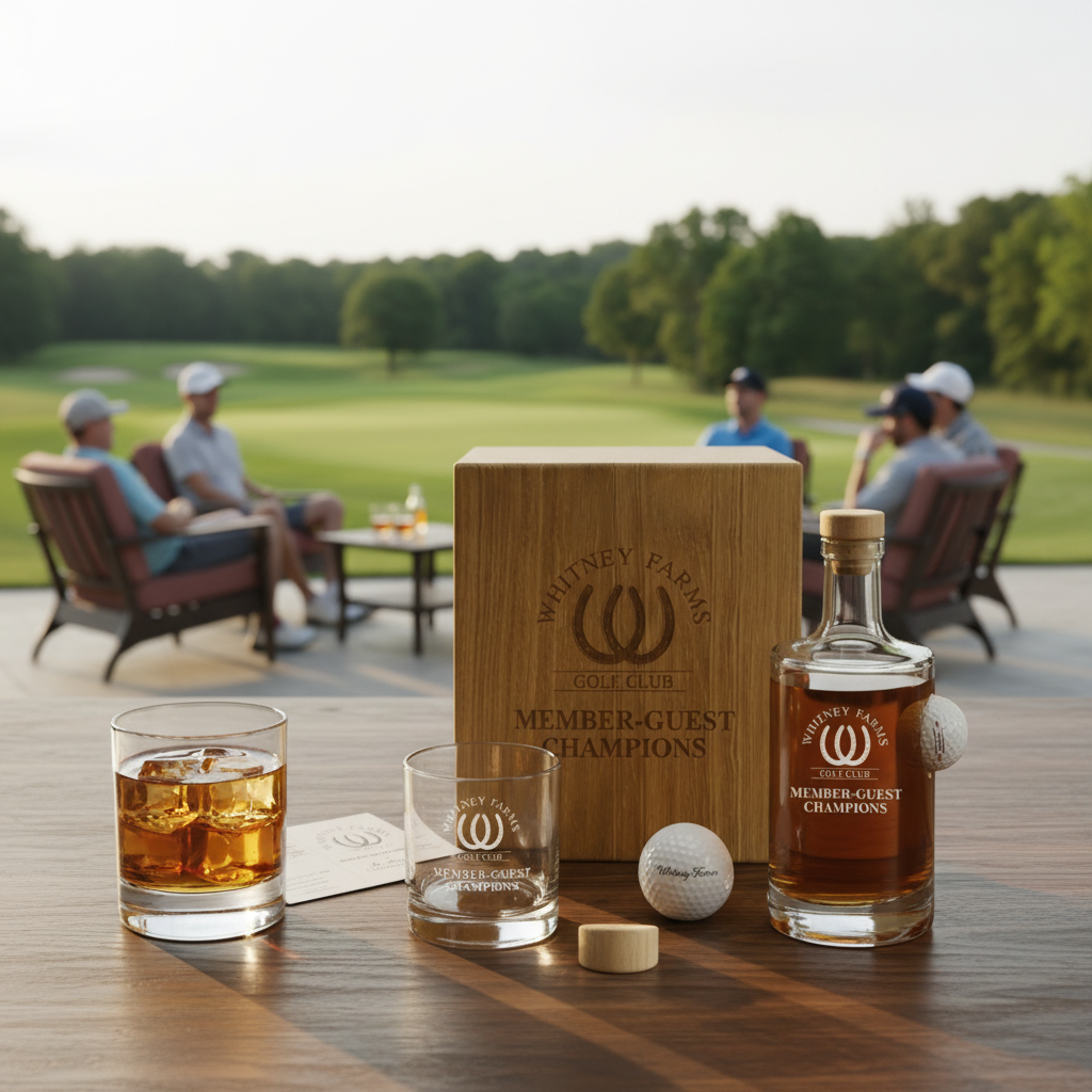 Golf-themed decanter set displayed on a table with two etched glasses, golf ball, and engraved wooden box labeled "Member-Guest Champions," golf course and spectators blurred in background.
