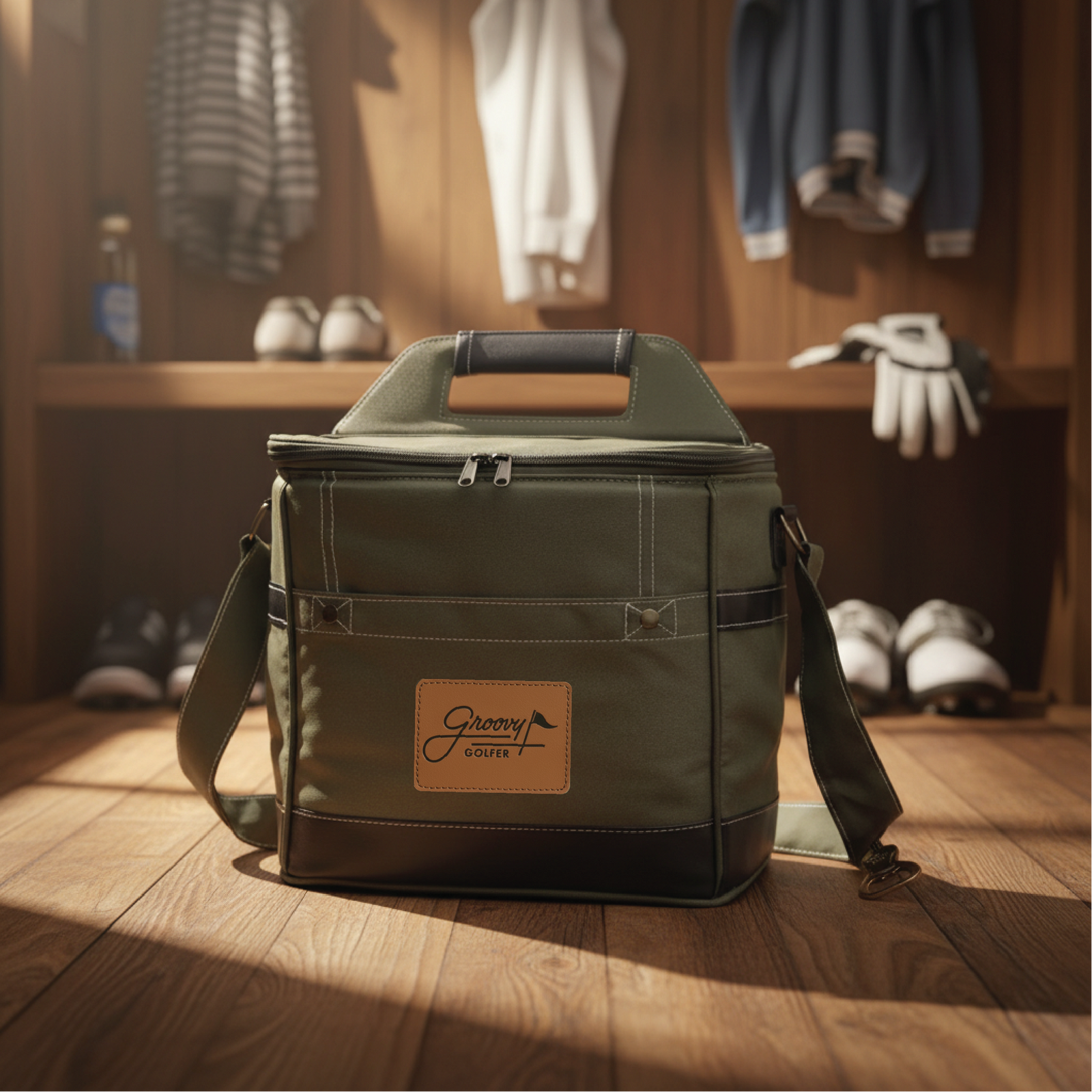Olive green insulated cooler bag with brown leather Groovy Golfer patch, padded carry handle, shoulder strap, and front storage pocket displayed in a locker room setting