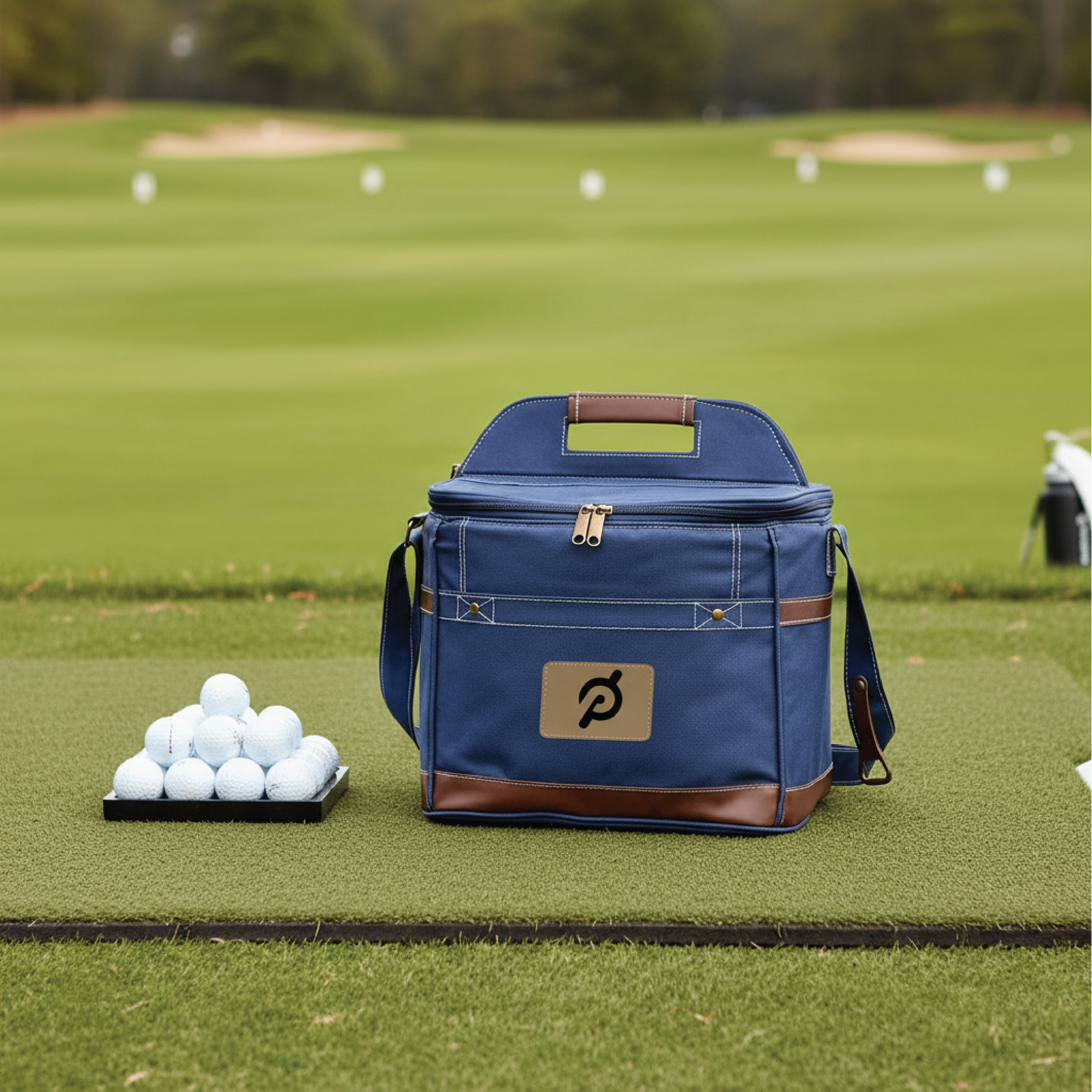 Navy golf cooler with brown trim and leather logo patch, positioned on grass next to white golf balls, showing front pocket and shoulder strap detail