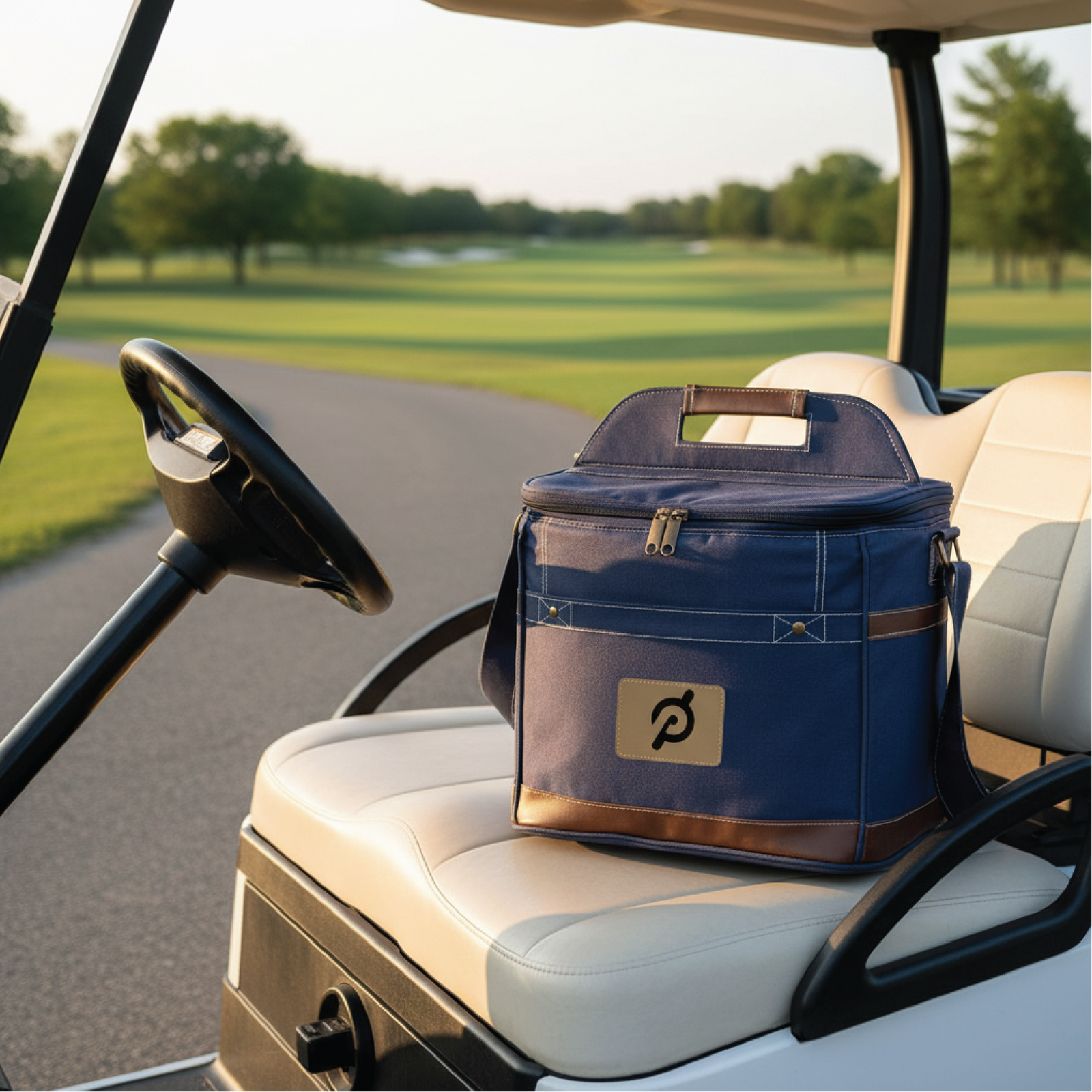 Navy golf cooler with tan leather trim and custom logo patch, positioned on golf cart seat with course fairway visible in background
