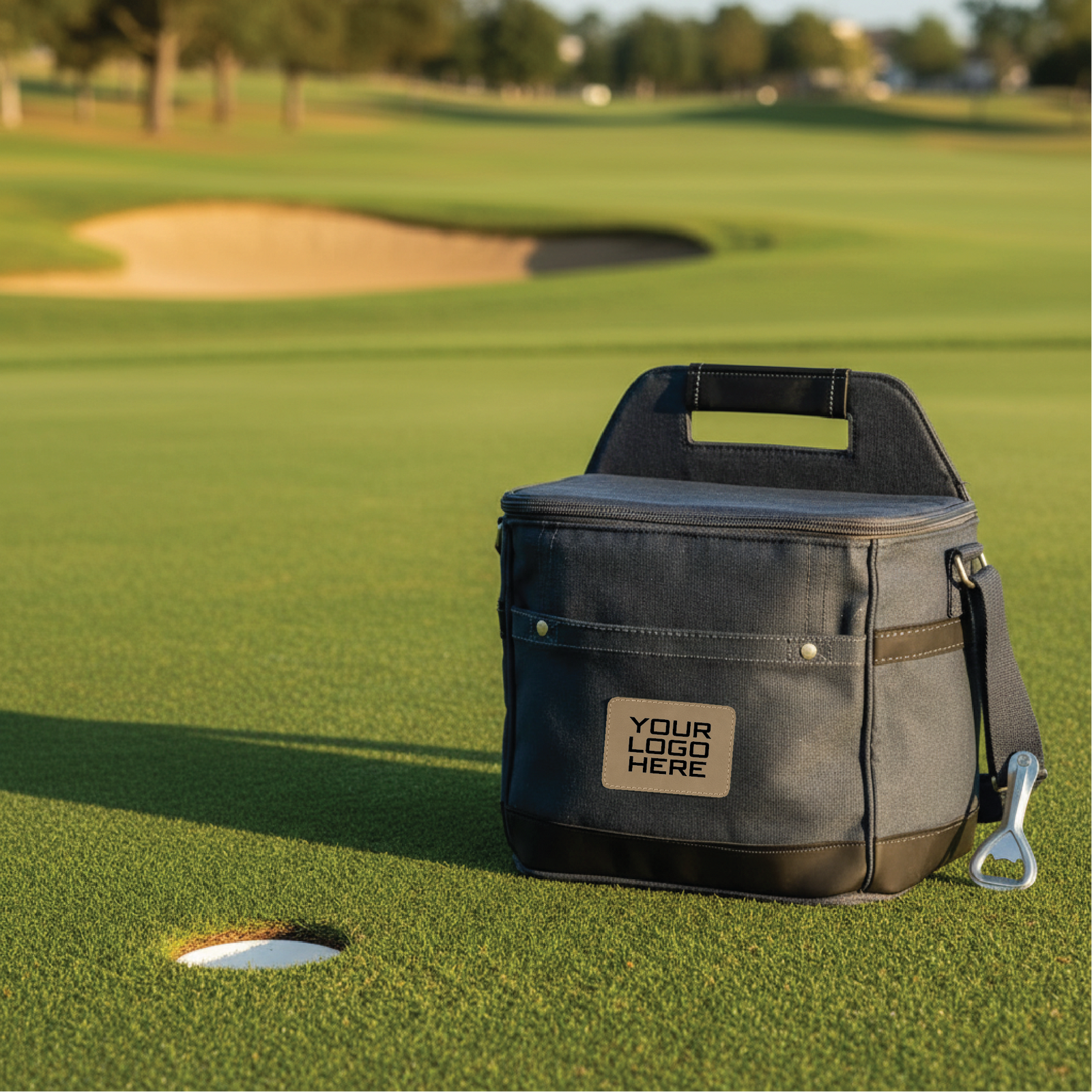 Golf cooler with charcoal and tan color-blocking displayed on putting green, featuring sample logo patch reading "YOUR LOGO HERE" and integrated bottle opener