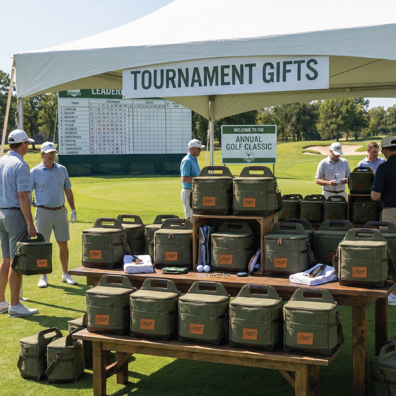 Multiple olive green golf coolers with custom logo patches displayed on wooden tables at an outdoor tournament gift booth, with leaderboard and signage visible in background.