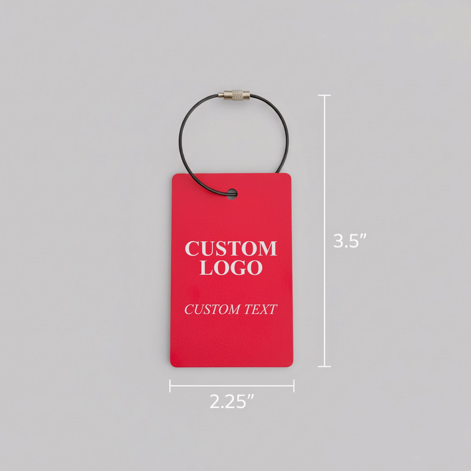Red aluminum golf bag tag with black steel cable loop, showing customization preview with sample logo and text placement, measuring 3.5" by 2.25