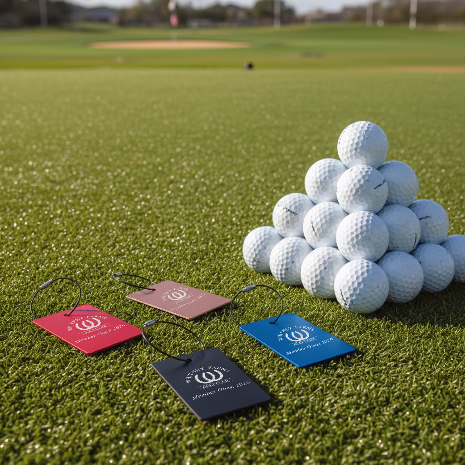 Stack of white golf balls next to four anodized aluminum bag tags in red, tan, blue, and black, each laser-engraved with sample event logo and "Member Guest 2026" text, displayed on practice green.
