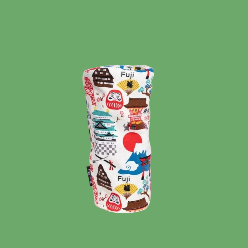 Cylindrical fabric head cover with Tokyo-themed print featuring Mt. Fuji, pagodas, and cultural icons in red, blue, and brown on white background