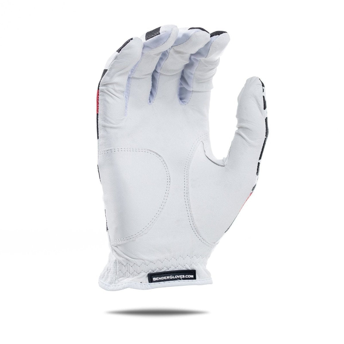 White mesh golf glove with black and red thin line stripe detail on back, Cabretta leather palm, shown on flat hand against white background