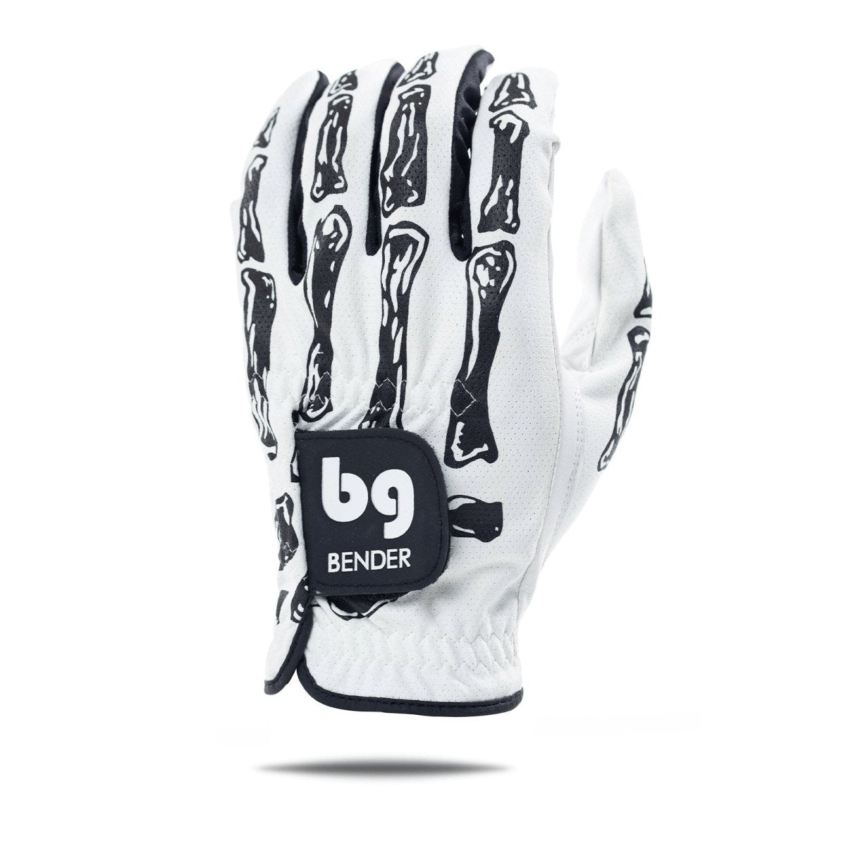 White mesh golf glove with black skeleton bone print design and black wrist patch labeled "bg BENDER
