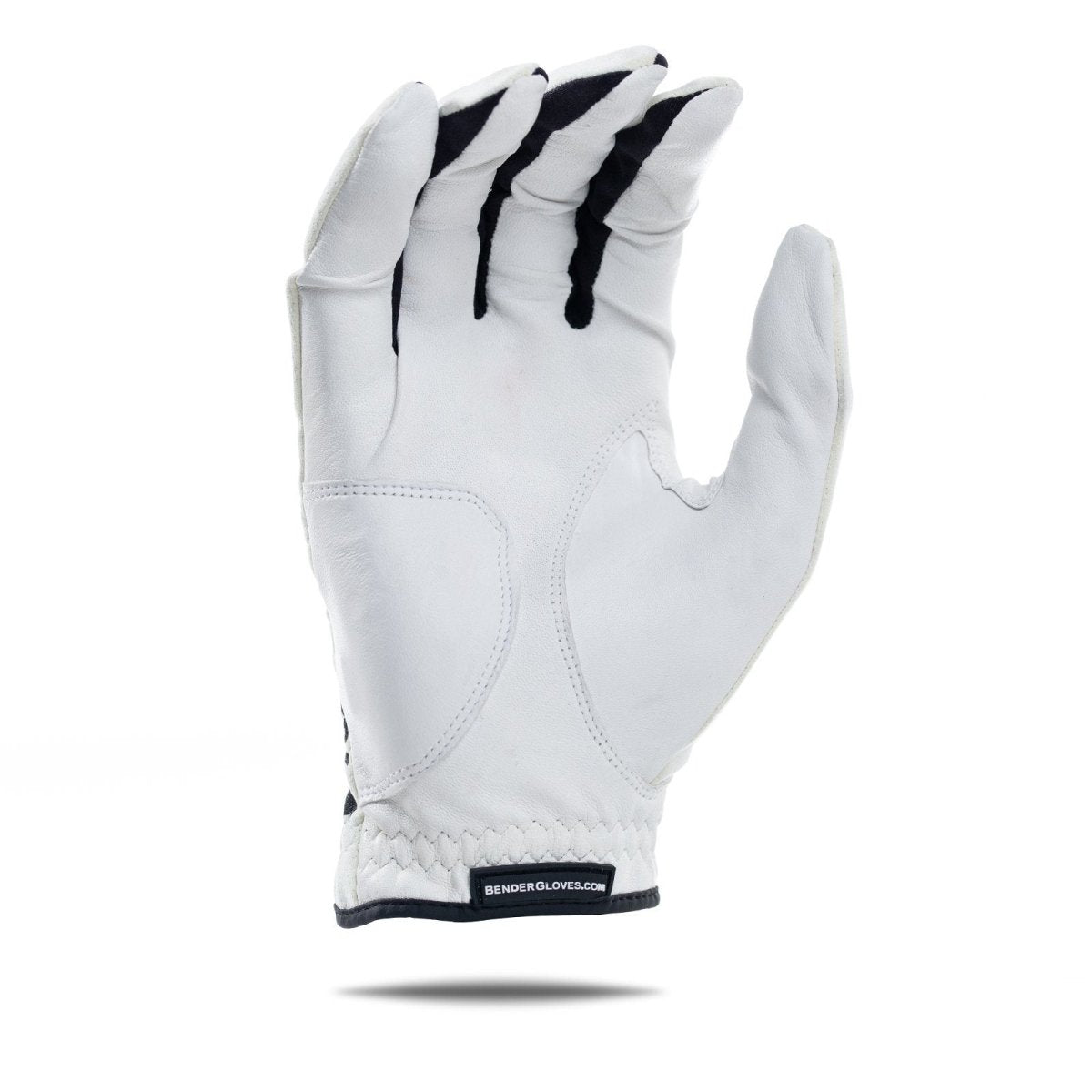 White golf glove with black skeleton bone design on back of hand, mesh top panels, and reinforced leather palm patch visible from palm-side angle.