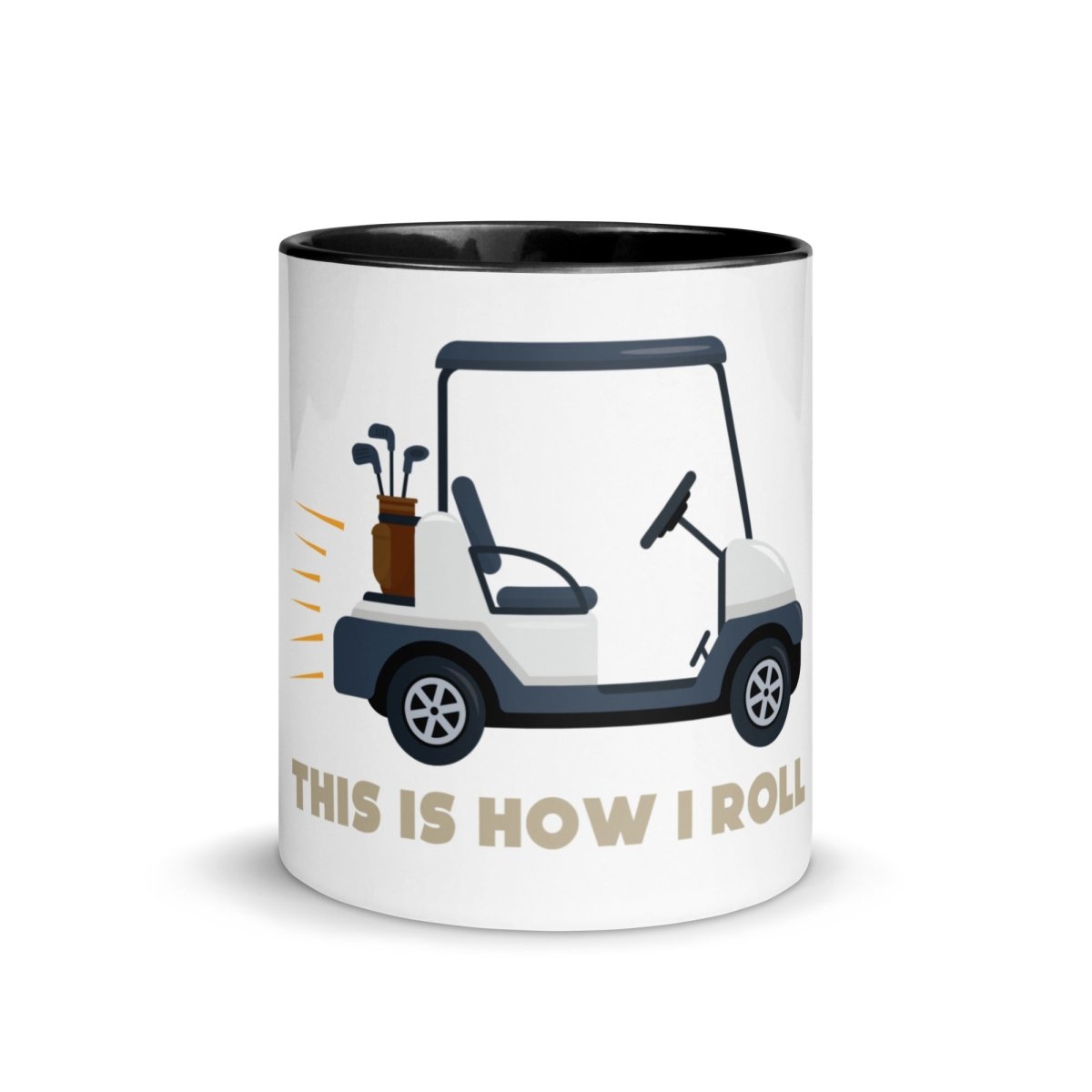 White ceramic mug with black rim and handle, featuring illustration of golf cart with club bag and "This is How I Roll" text in tan lettering.