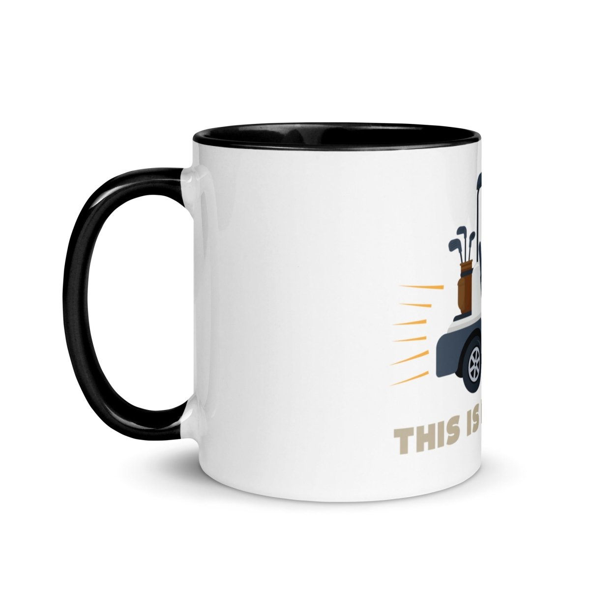 White ceramic mug with black handle, rim, and interior, featuring golf cart illustration and "THIS IS HOW I ROLL" text in tan lettering.