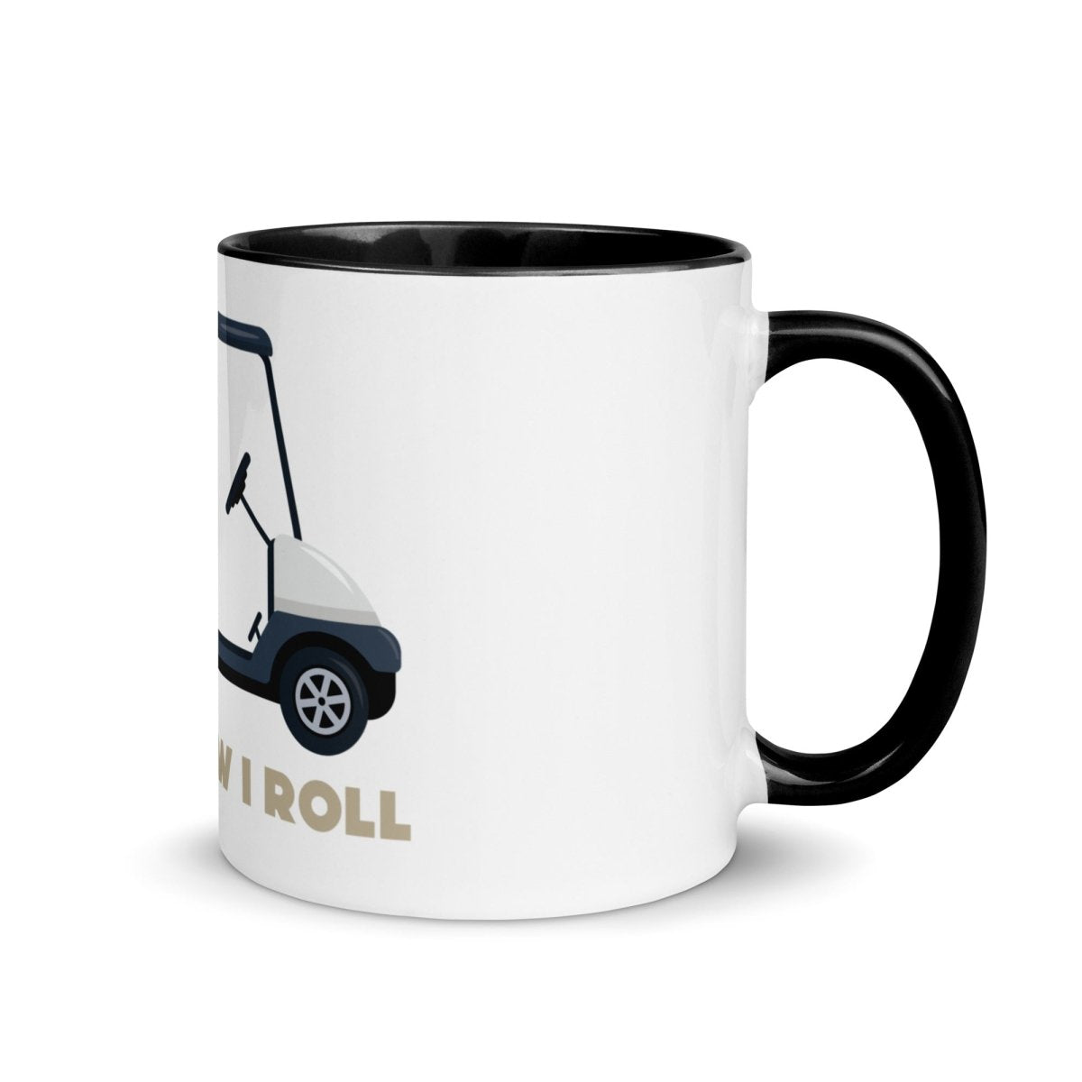 White ceramic mug with black rim and handle, featuring a blue golf cart illustration and "I ROLL" text in gold on the side.