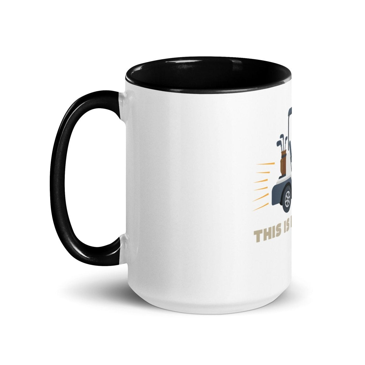 White ceramic mug with black handle and interior, featuring golf cart illustration and "This is How I Roll" text on the side