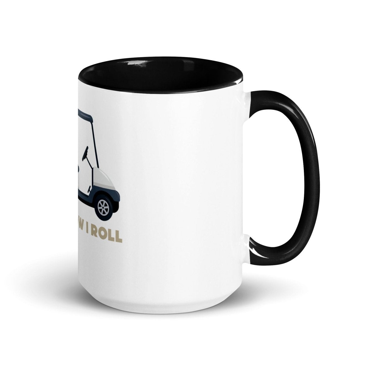 White ceramic mug with black handle and interior, featuring golf cart illustration and "This Is How I Roll" text in gold lettering on front.