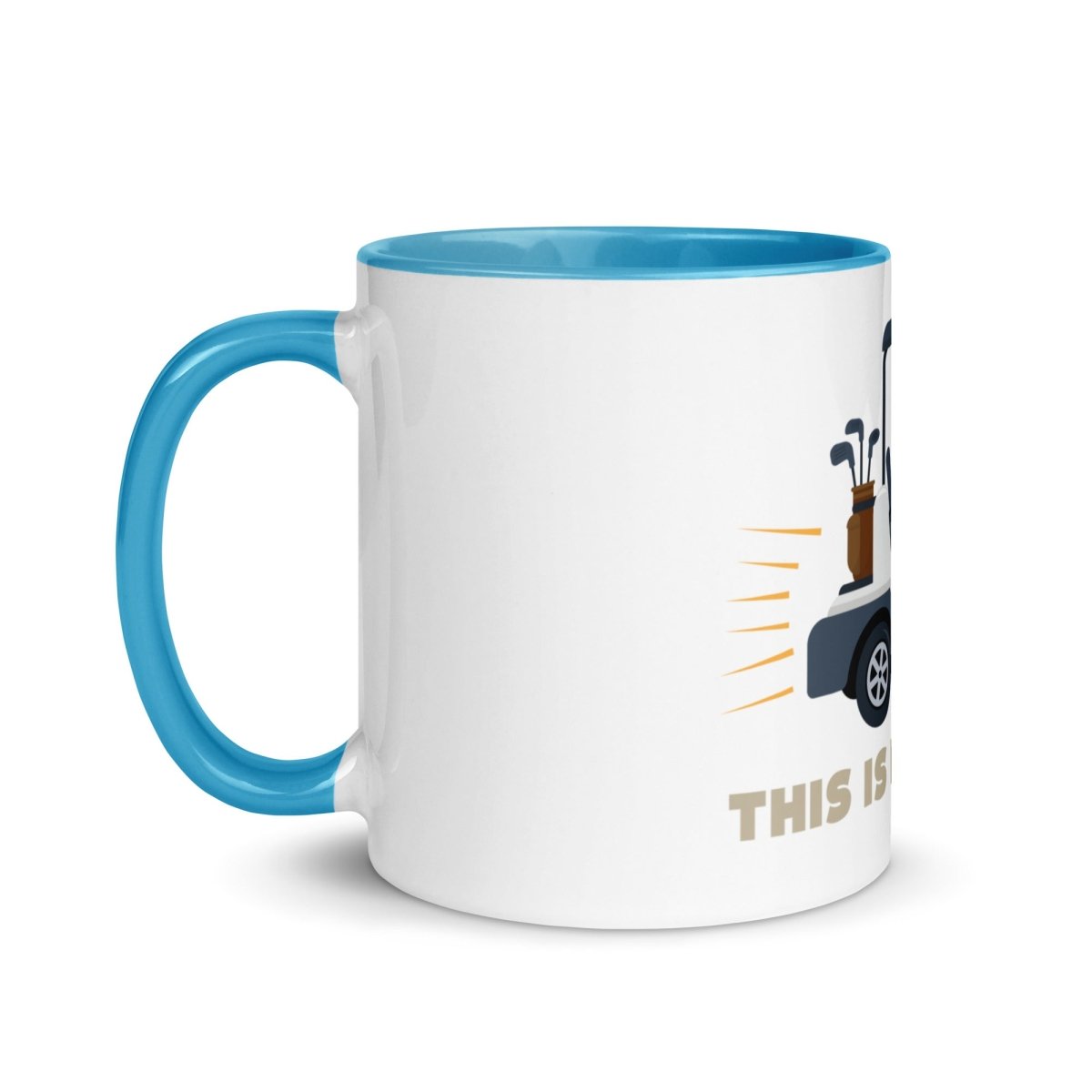 White ceramic mug with blue rim and handle, featuring golf cart illustration and "This is How I Roll" text on the side