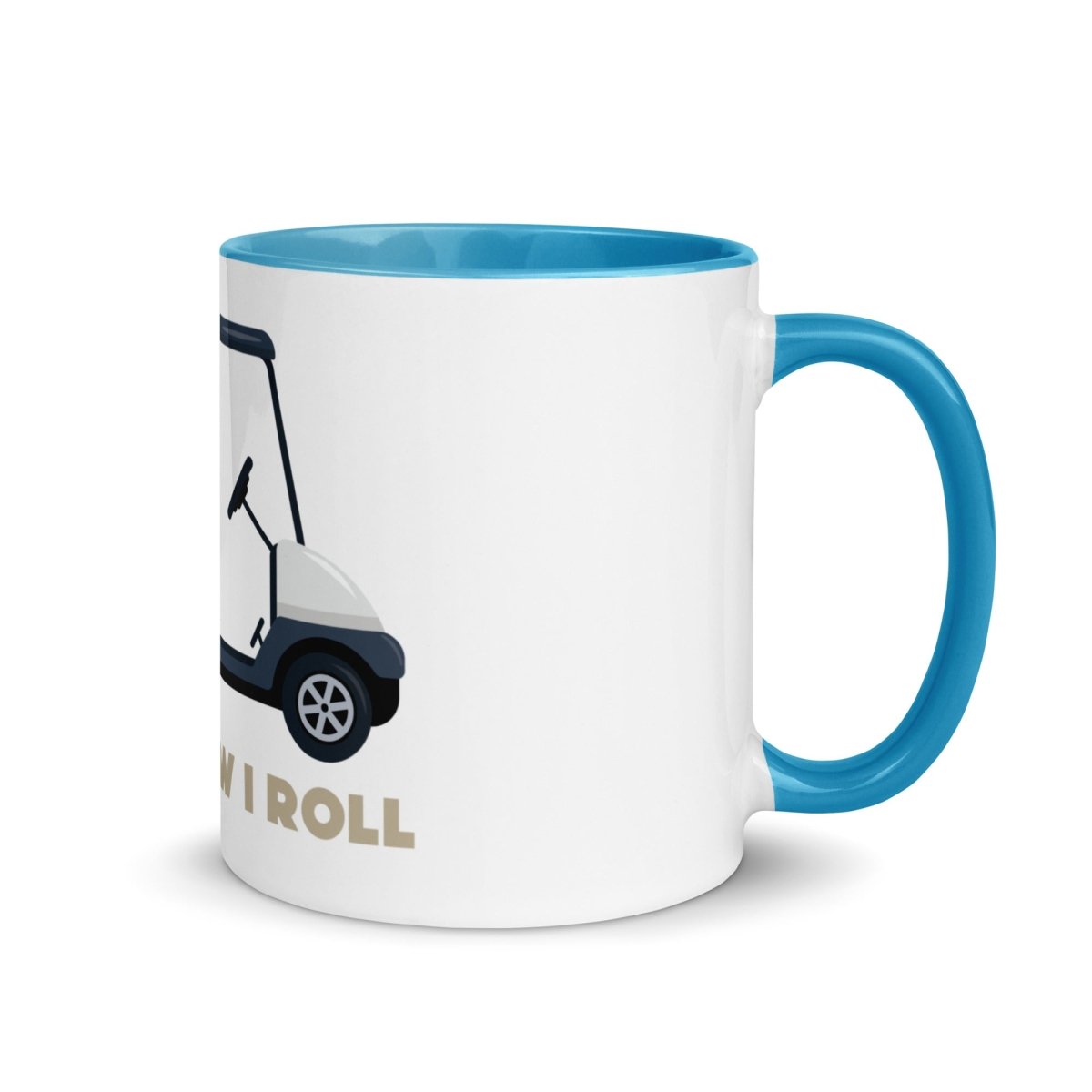 White ceramic mug with blue rim and handle, featuring golf cart illustration and "This Is How I Roll" text in gold lettering on front.