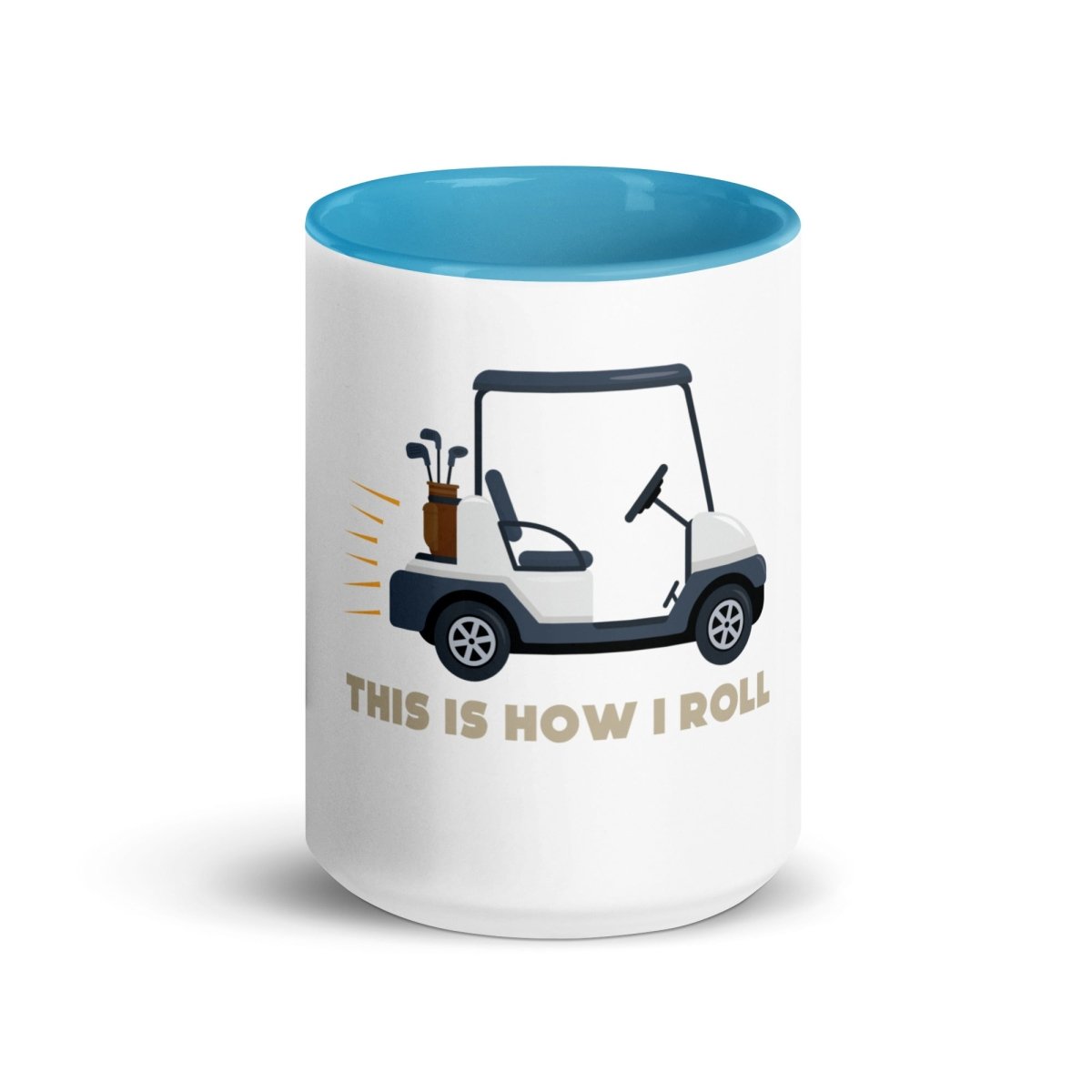 White ceramic mug with blue rim and interior, featuring illustrated golf cart graphic and "THIS IS HOW I ROLL" text in tan lettering