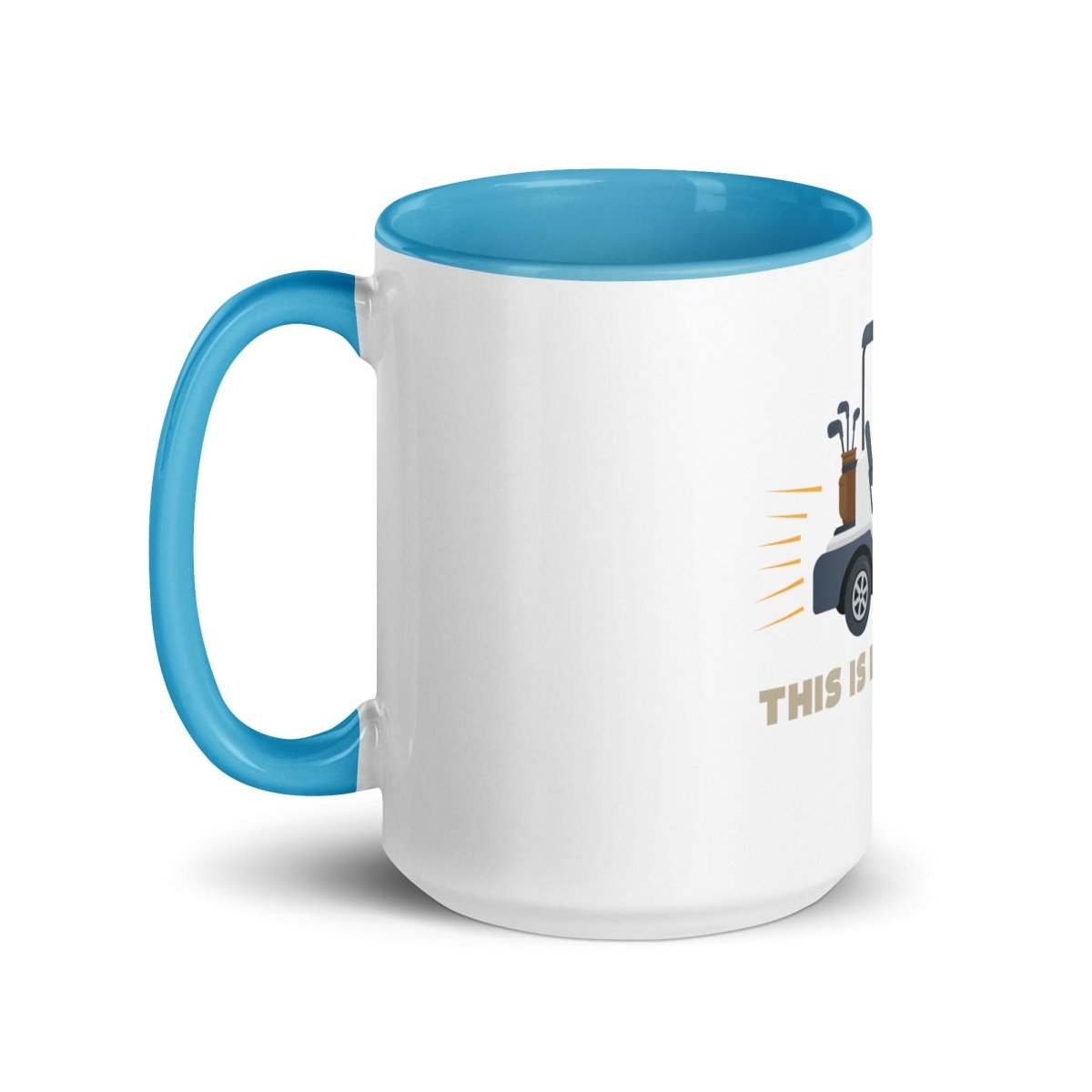 White ceramic mug with blue rim and handle, featuring golf cart illustration and "THIS IS HOW I ROLL" text on front