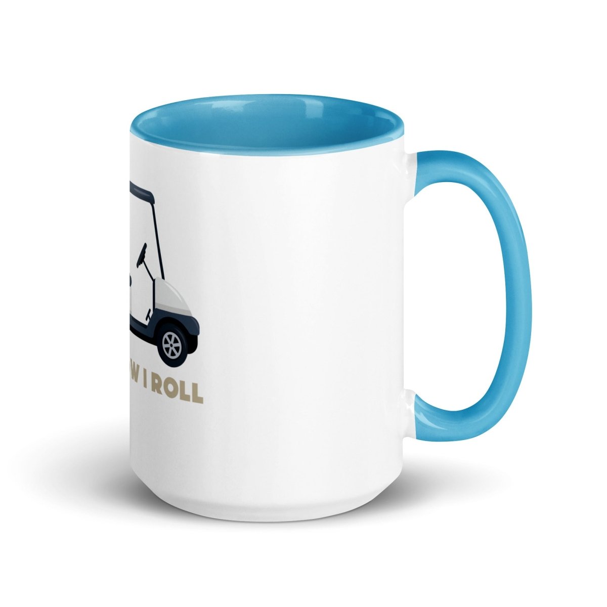 White ceramic mug with blue rim, handle, and interior, featuring golf cart illustration and "This Is How I Roll" text in gold.