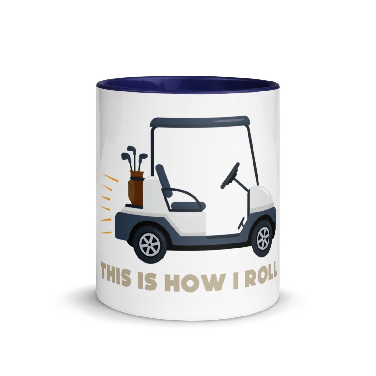 White ceramic mug with navy rim and handle, featuring illustrated golf cart with clubs and "THIS IS HOW I ROLL" text in tan lettering on the side.
