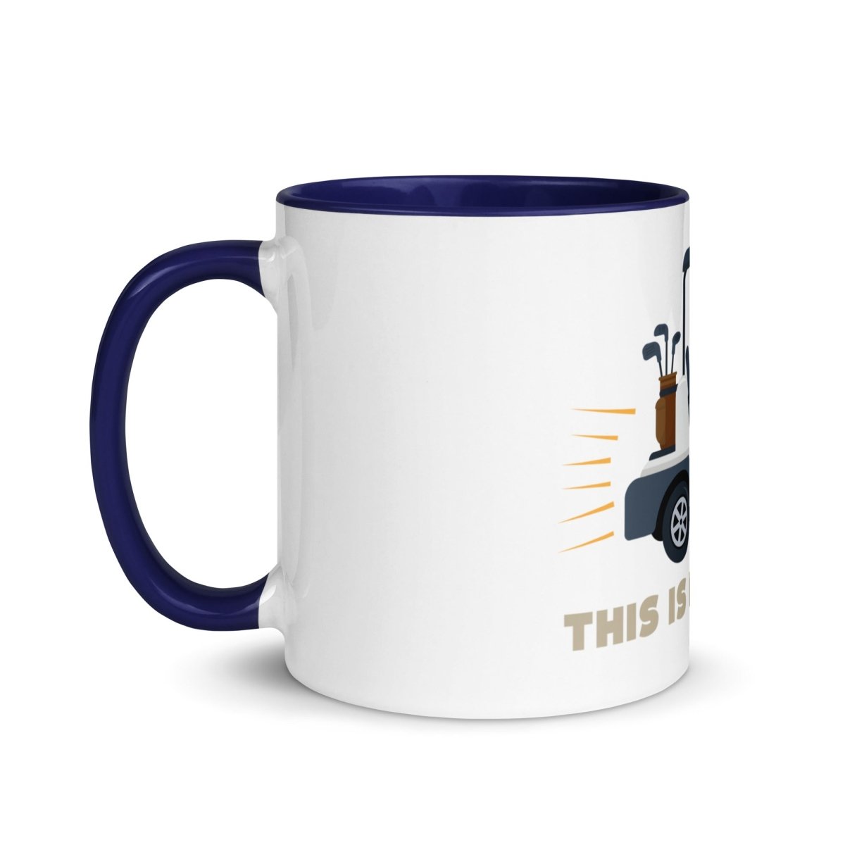 White ceramic mug with navy blue rim, handle, and interior, featuring golf cart illustration and "THIS IS HOW I ROLL" text on front.