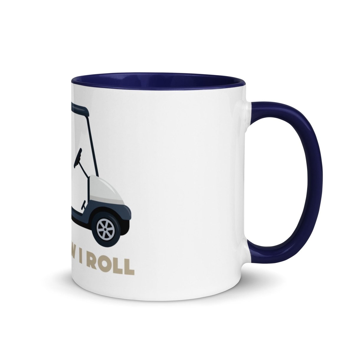 White ceramic mug with navy rim and handle, featuring golf cart illustration and "This Is How I Roll" text in gold lettering on the front.