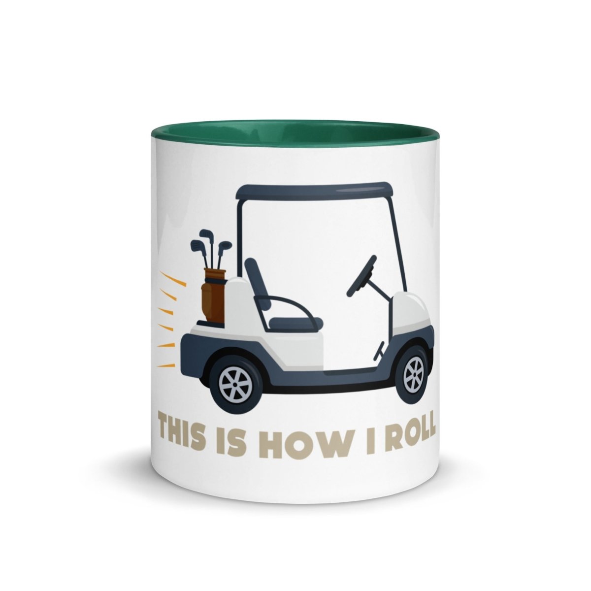 White ceramic mug with green rim and handle, featuring illustrated golf cart carrying clubs with "THIS IS HOW I ROLL" text in tan lettering.