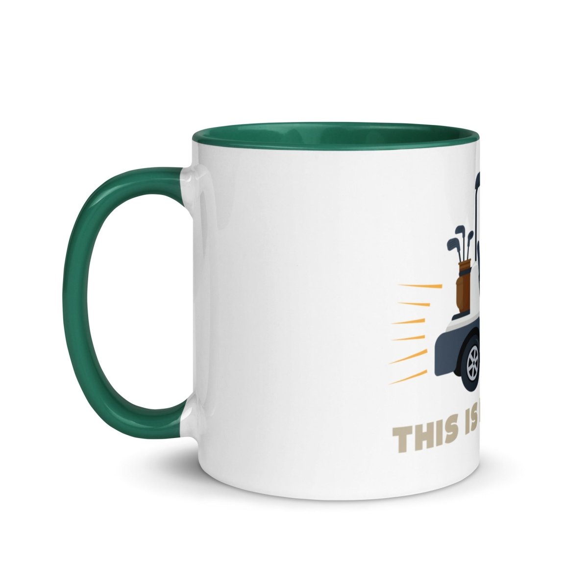 White ceramic mug with green rim and handle, featuring golf cart and clubs illustration with "THIS IS HOW I ROLL" text on side.