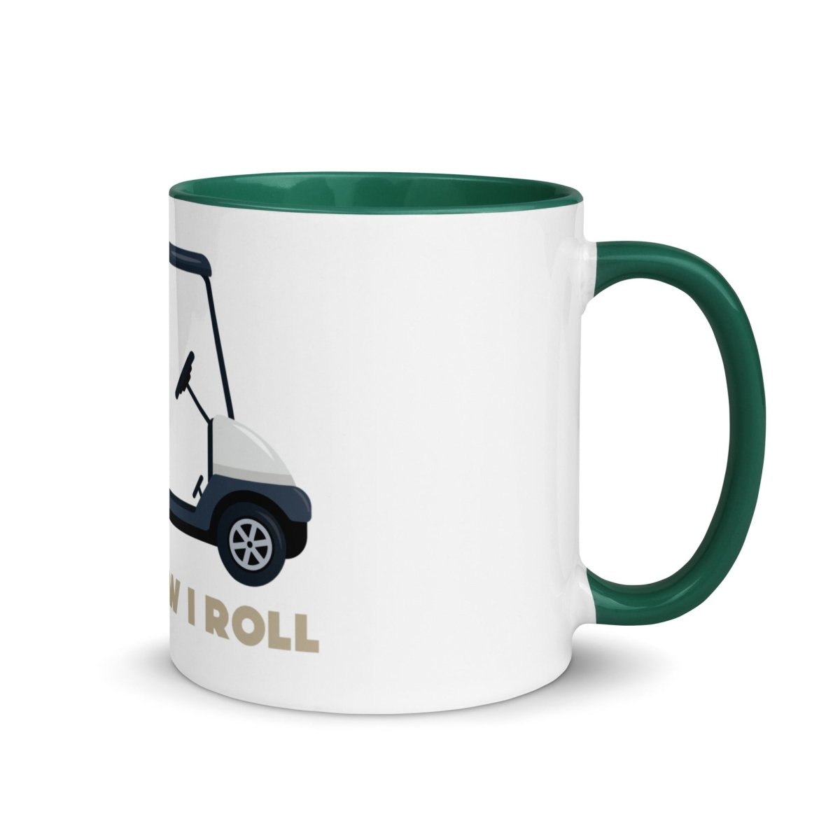 Ceramic mug with green rim and handle, white body featuring golf cart illustration and "This Is How I Roll" text in tan lettering.