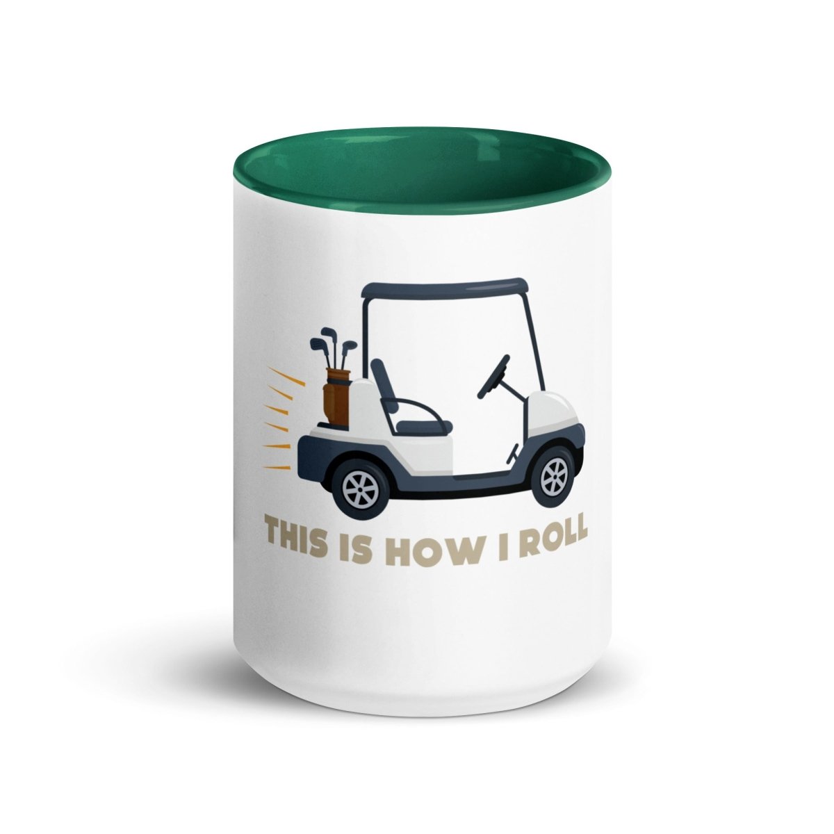 White ceramic mug with green interior and handle, printed with golf cart illustration and "THIS IS HOW I ROLL" text in tan lettering