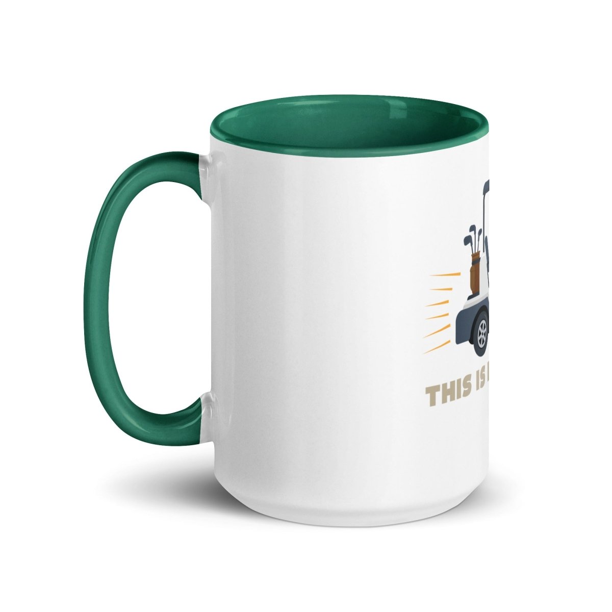White ceramic mug with green handle and interior, featuring golf cart illustration and "THIS IS HOW I ROLL" text on front side