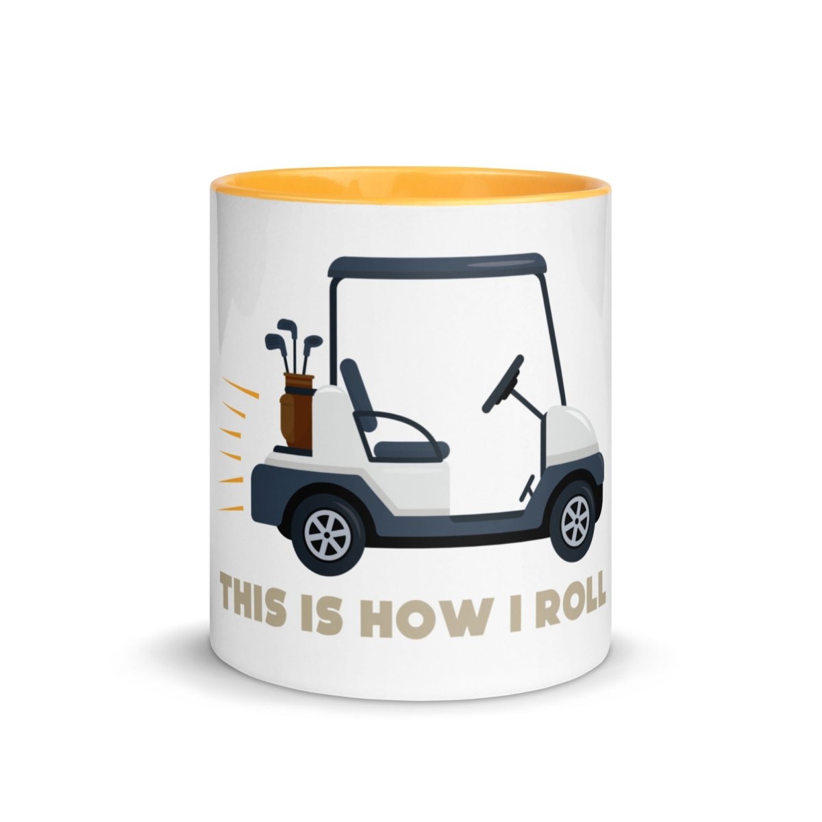 White ceramic mug with yellow rim and interior, featuring golf cart illustration and "This Is How I Roll" text in tan.