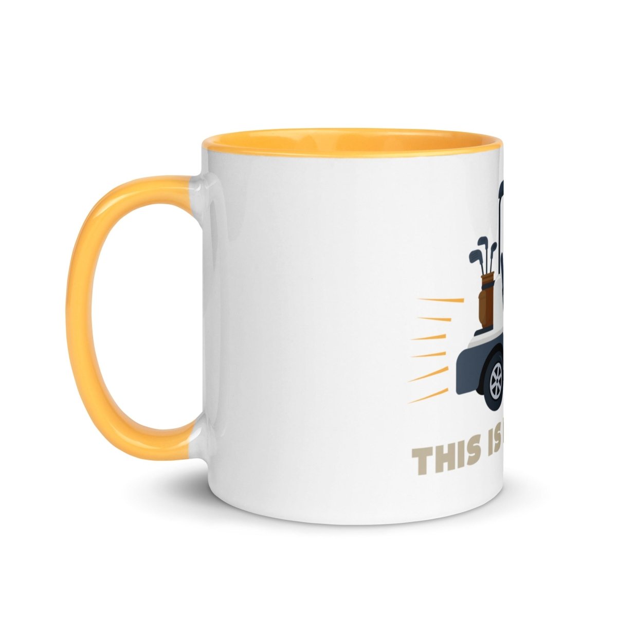 White ceramic mug with yellow rim and handle, featuring golf cart illustration and "THIS IS HOW I ROLL" text on the side