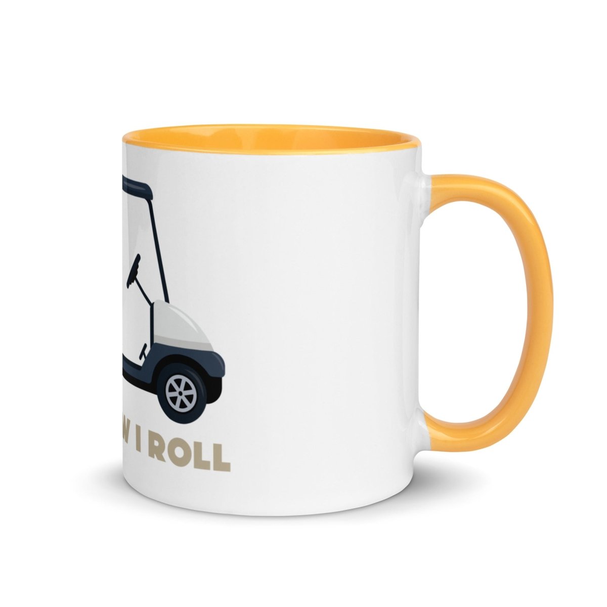 White ceramic mug with yellow rim and handle, featuring golf cart illustration and "This Is How I Roll" text in gold lettering on the side
