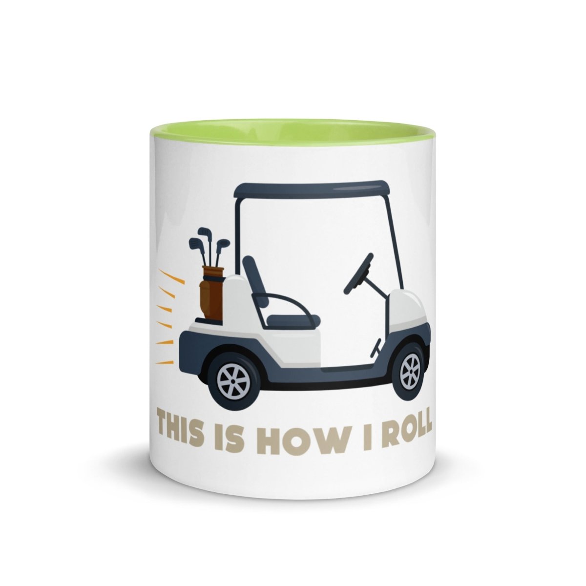 White ceramic mug with lime green rim and interior, featuring golf cart illustration and "This is How I Roll" text in tan lettering.