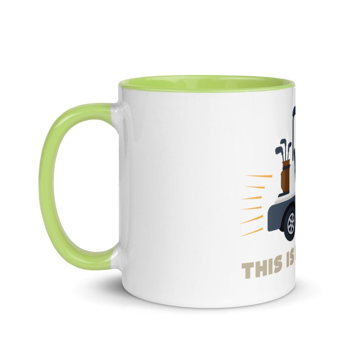 White ceramic mug with lime green handle and interior, featuring golf cart and club graphics with "THIS IS HOW I ROLL" text