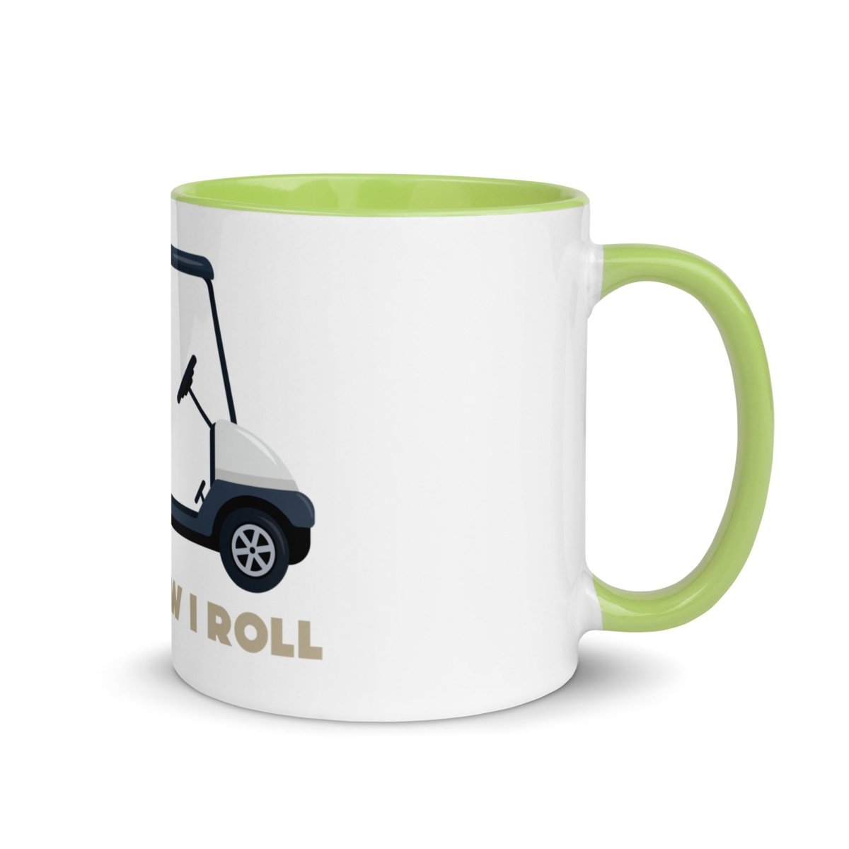 White ceramic mug with lime green rim and handle, featuring golf cart illustration and "This Is How I Roll" text in tan lettering on front.