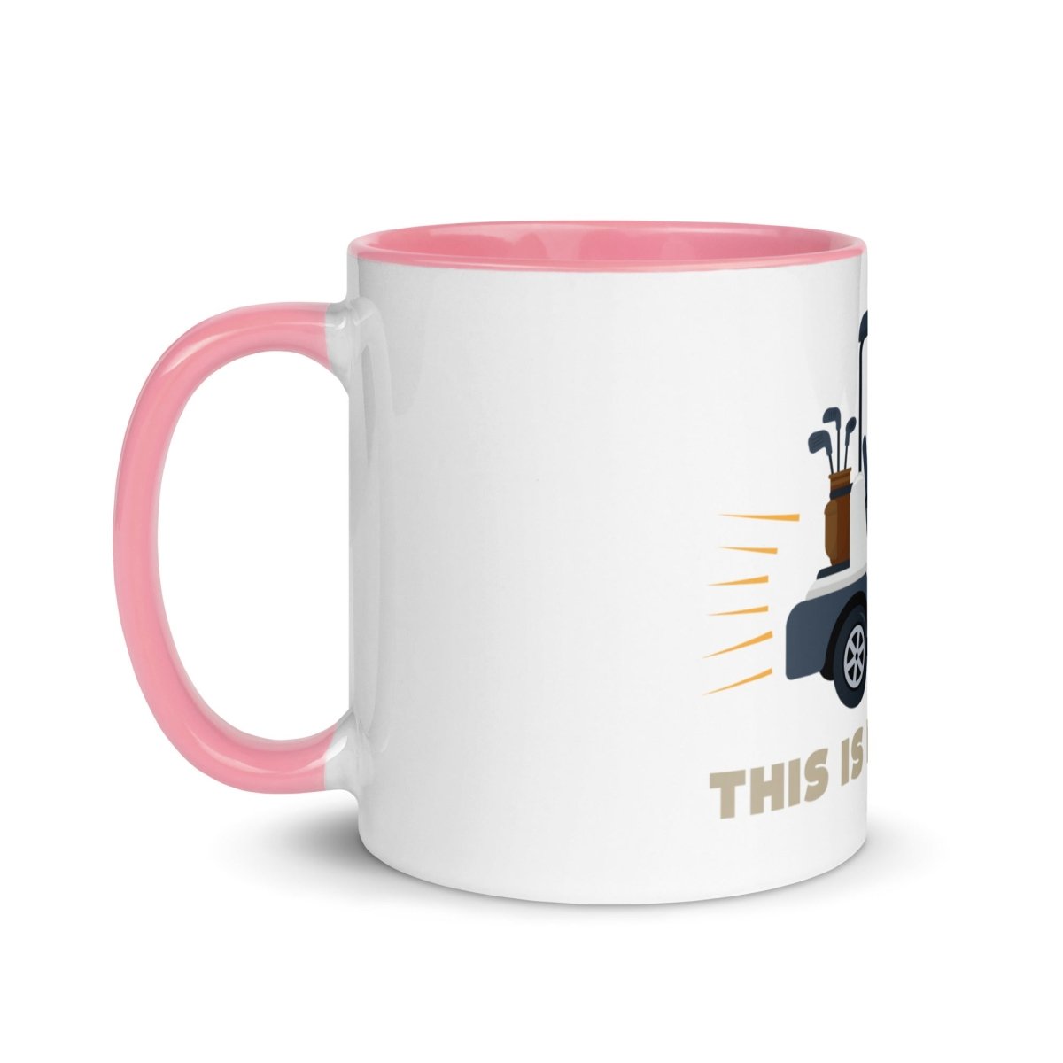 White ceramic mug with pink rim and handle, featuring golf cart illustration and "THIS IS HOW I ROLL" text on the side.