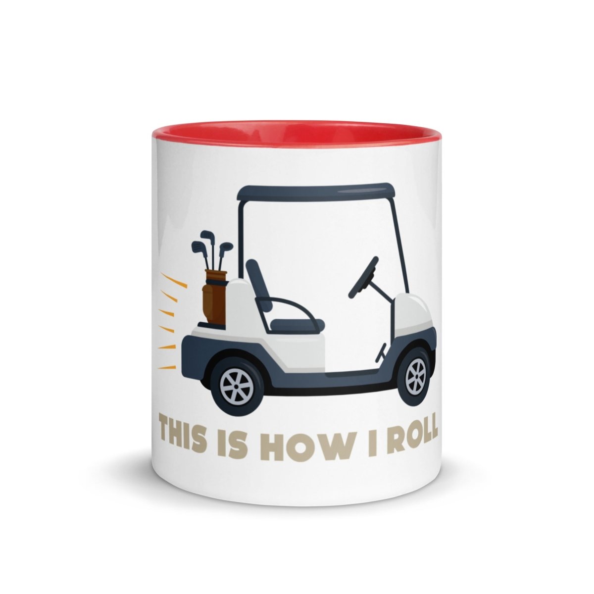 White ceramic mug with red rim and handle featuring golf cart illustration and "This Is How I Roll" text in tan lettering