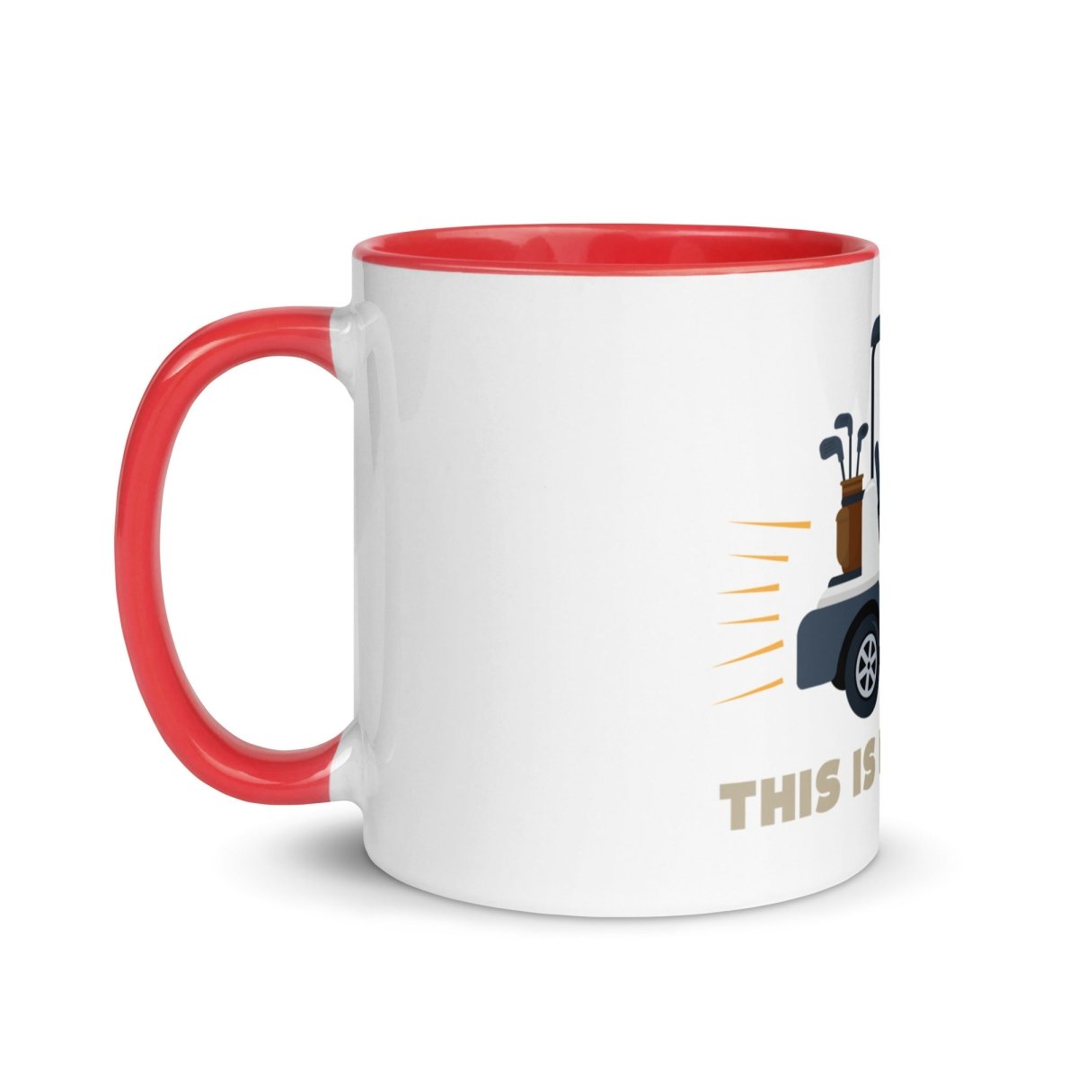 White ceramic mug with red handle and interior rim, featuring golf cart illustration and "THIS IS HOW I ROLL" text on front.