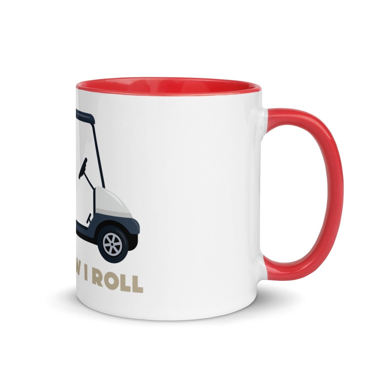 White ceramic mug with golf cart illustration and "This Is How I Roll" text, red rim, handle, and interior.