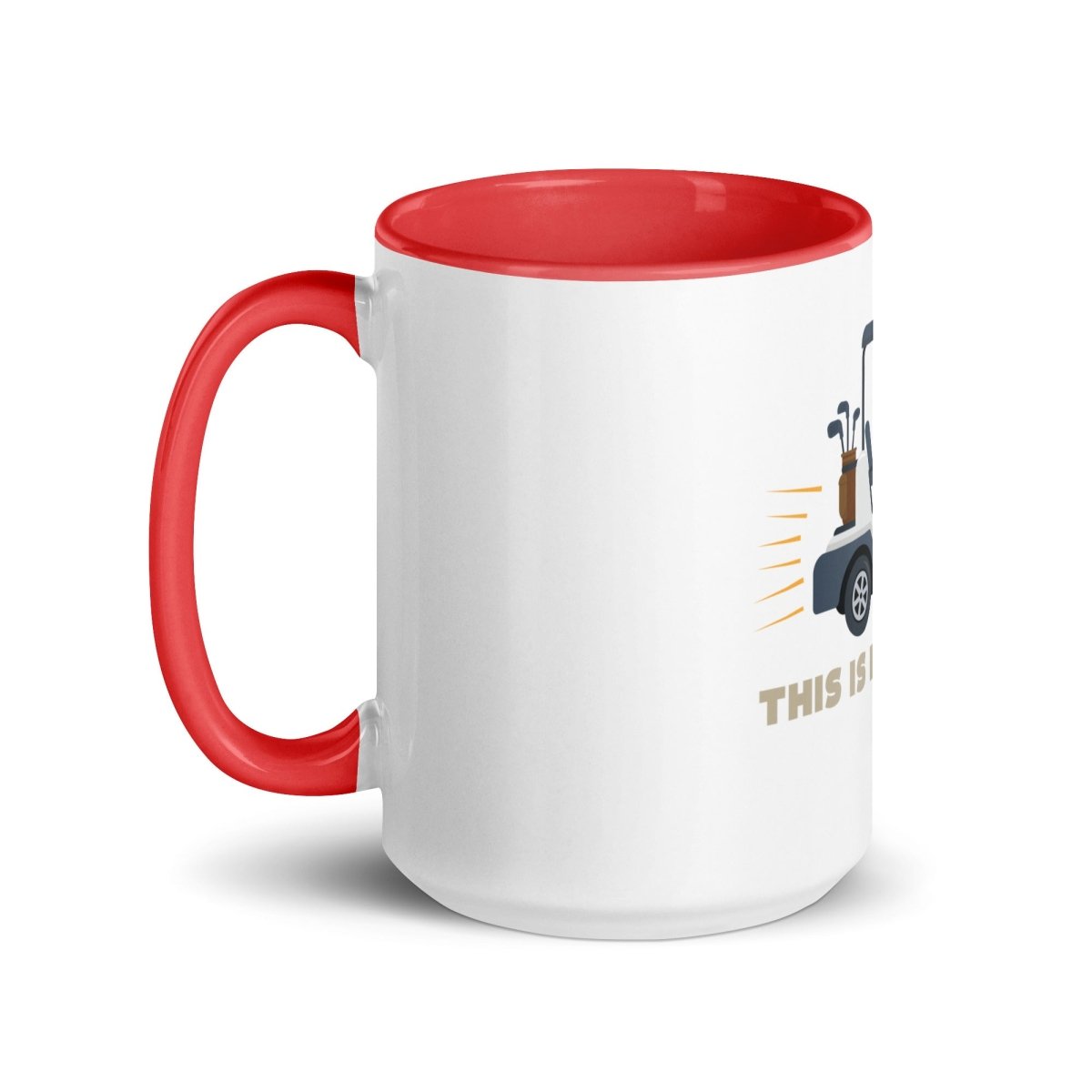 White ceramic mug with red handle and rim, featuring golf cart illustration with text "THIS IS HOW I ROLL