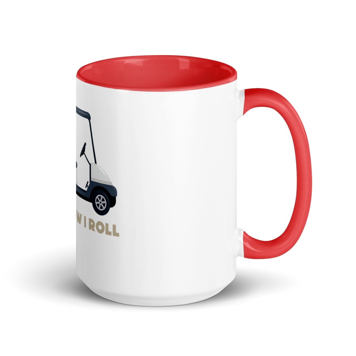 White ceramic mug with red interior, rim, and handle, featuring golf cart illustration and "THIS IS HOW I ROLL" text in gold lettering on the side.