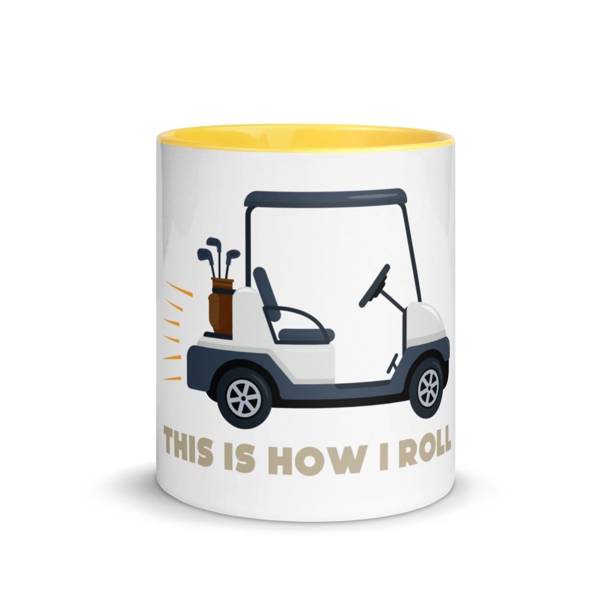 White ceramic mug with yellow rim and interior, featuring illustration of golf cart with clubs and "THIS IS HOW I ROLL" text in tan lettering.