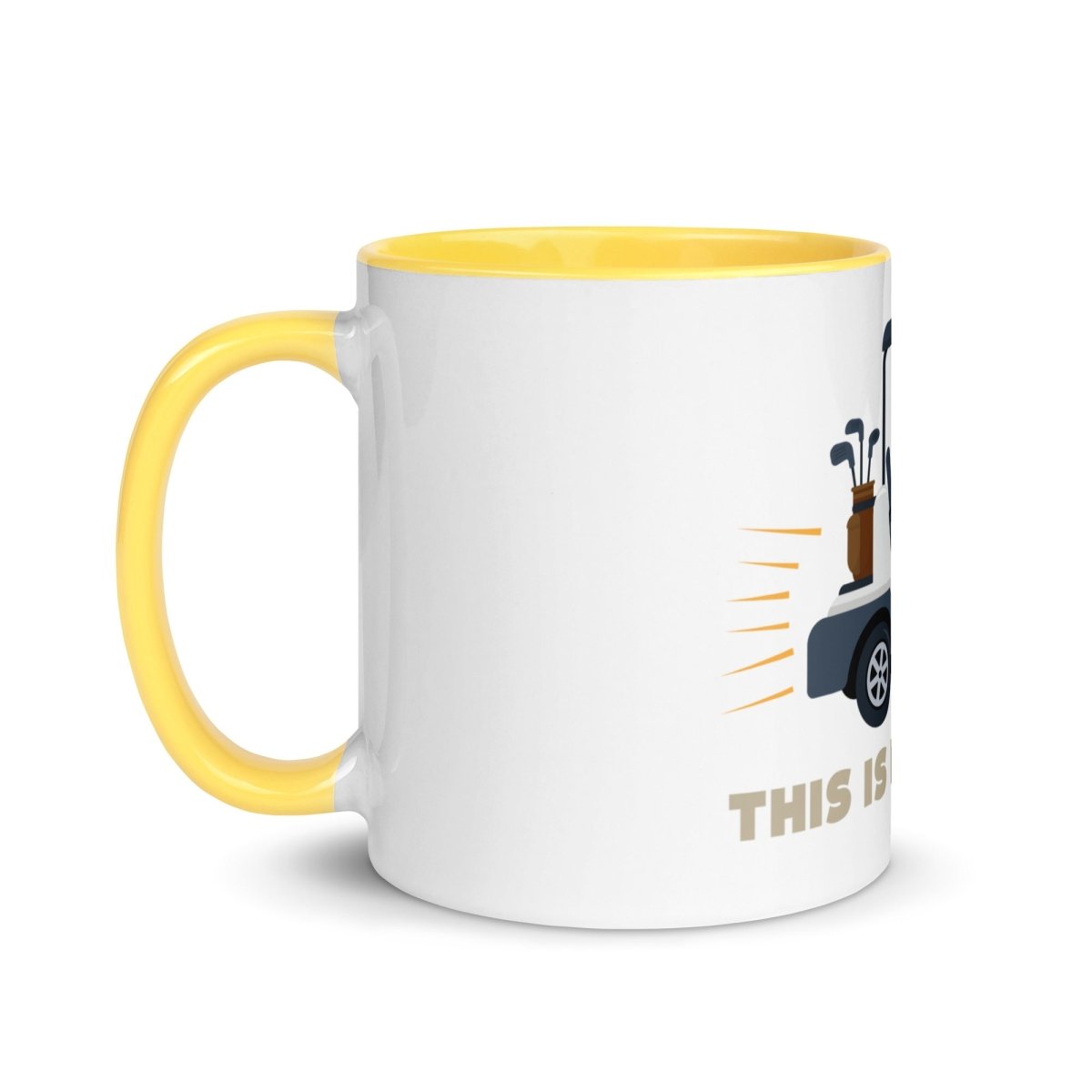 White ceramic mug with yellow rim and handle, featuring golf cart illustration and "This is how I roll" text in tan lettering on the side.
