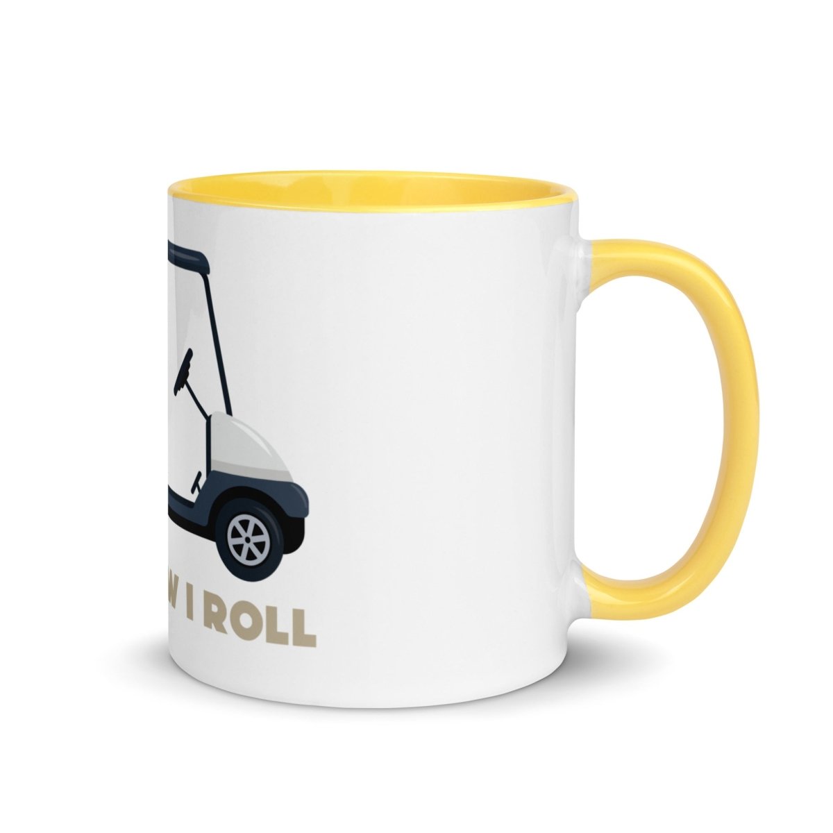 White ceramic mug with golf cart illustration and "I ROLL" text, yellow interior, rim, and handle.