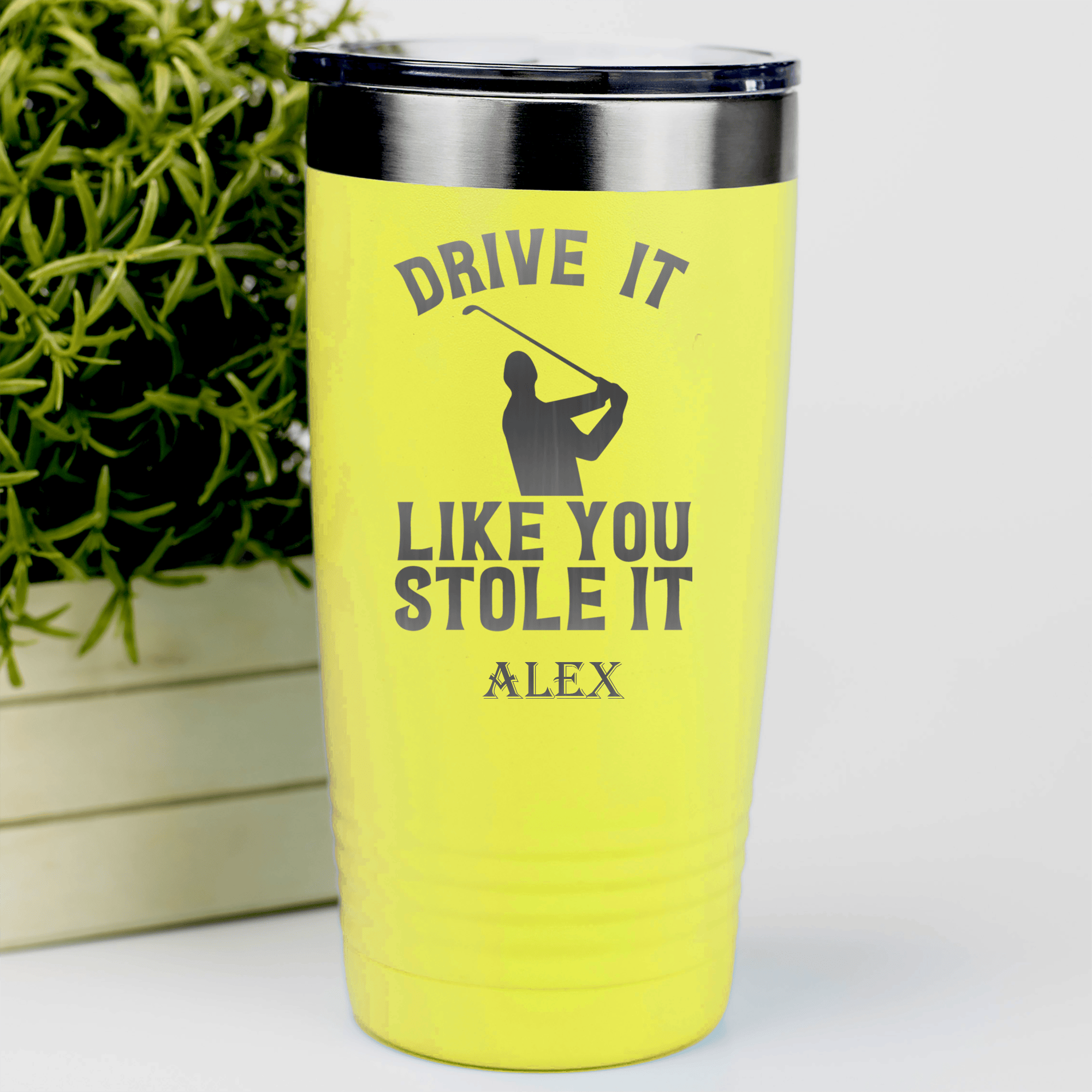 Yellow Golf Tumbler With Drive Like You Stole Design