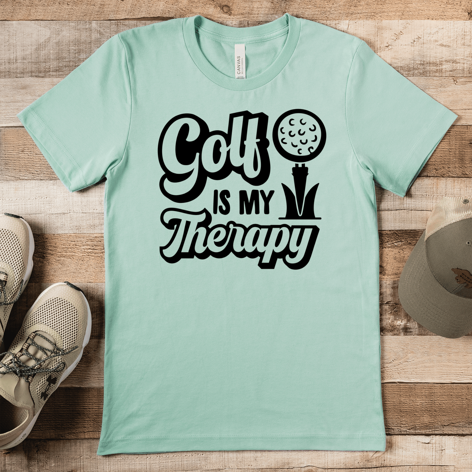 Light Green Mens T-Shirt With Golf Is My Therapy Design
